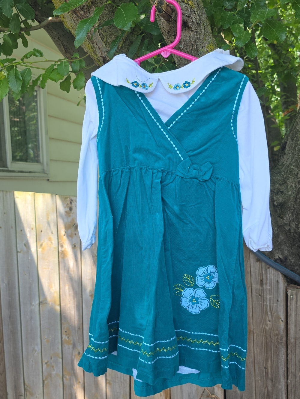 Girls' Teal Floral Sailor Dress with White Collar and Long Sleeves